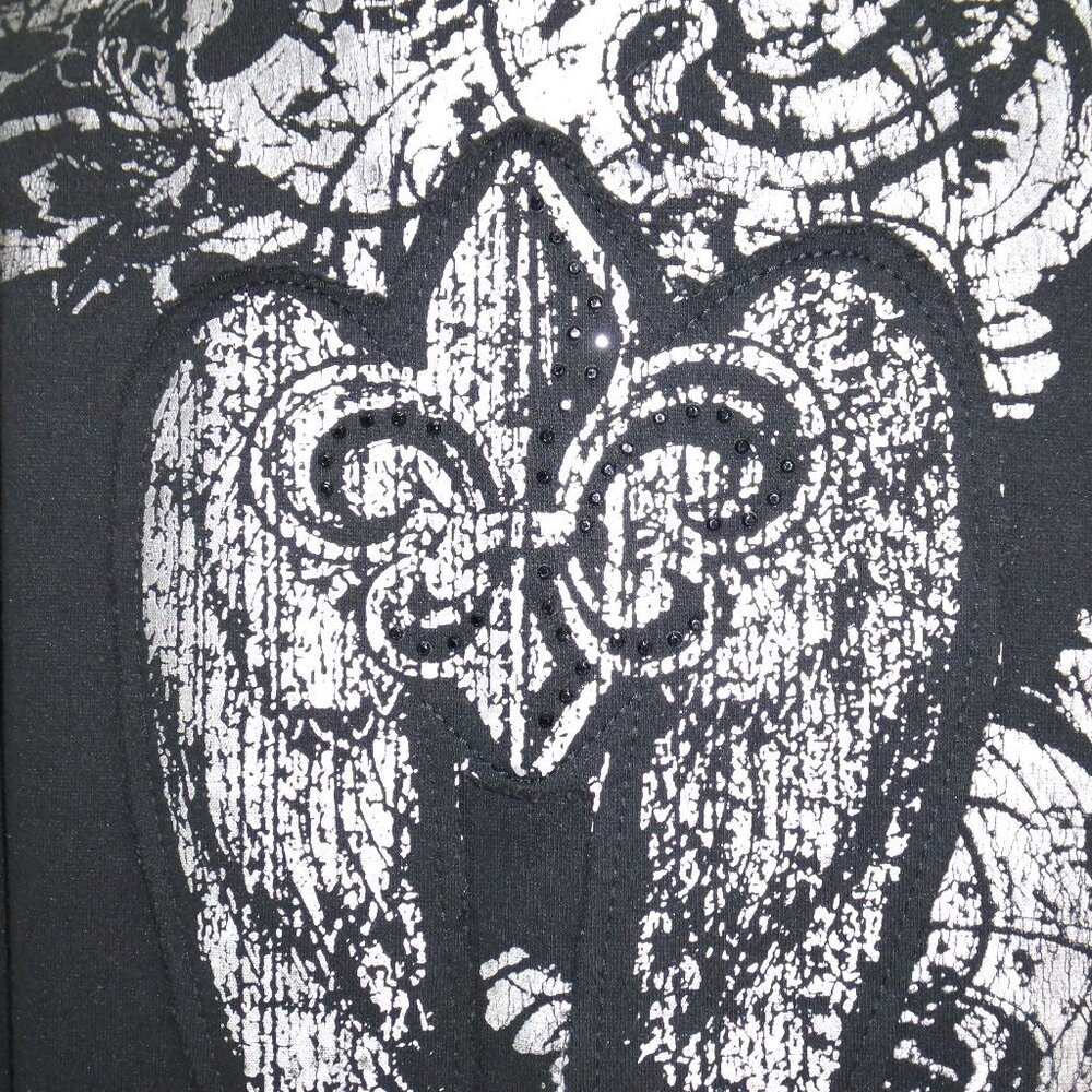 SOHO BABE Black Cowl Neck Full Zip Silver Fleur De Lis Sweatshirt L - Picture 12 of 17